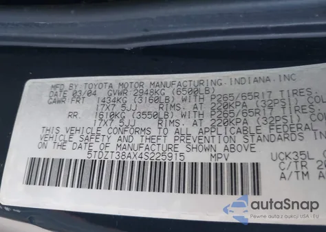 2004 Toyota Sequoia Limited V8 из США, поврежденный, VIN 5TDZT38AX4S225915